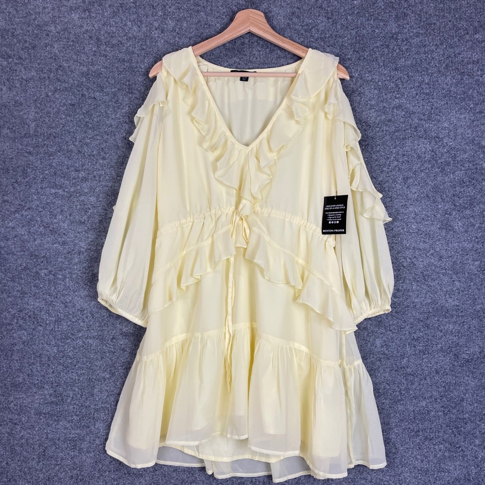 NEW Boston Proper Ruffle Dress Size M Yellow NEW Cold Shoulder Tiered V-Neck